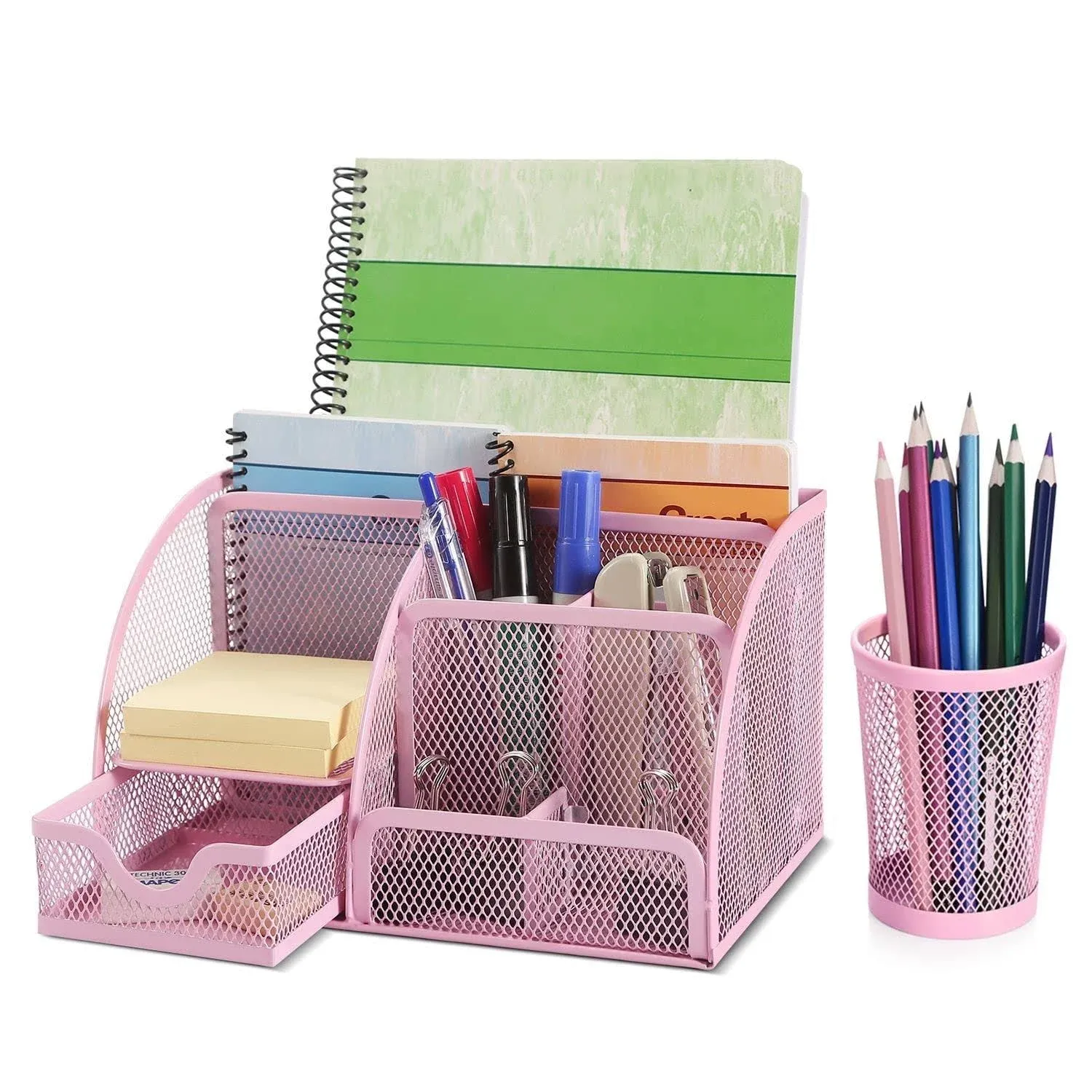 Flexzion Desk Top Caddy Organizer - Pink Office Desk Accessories Organizer and Storage - Metal Mesh Desk with 6 Compartments, Drawer and Pen Holder