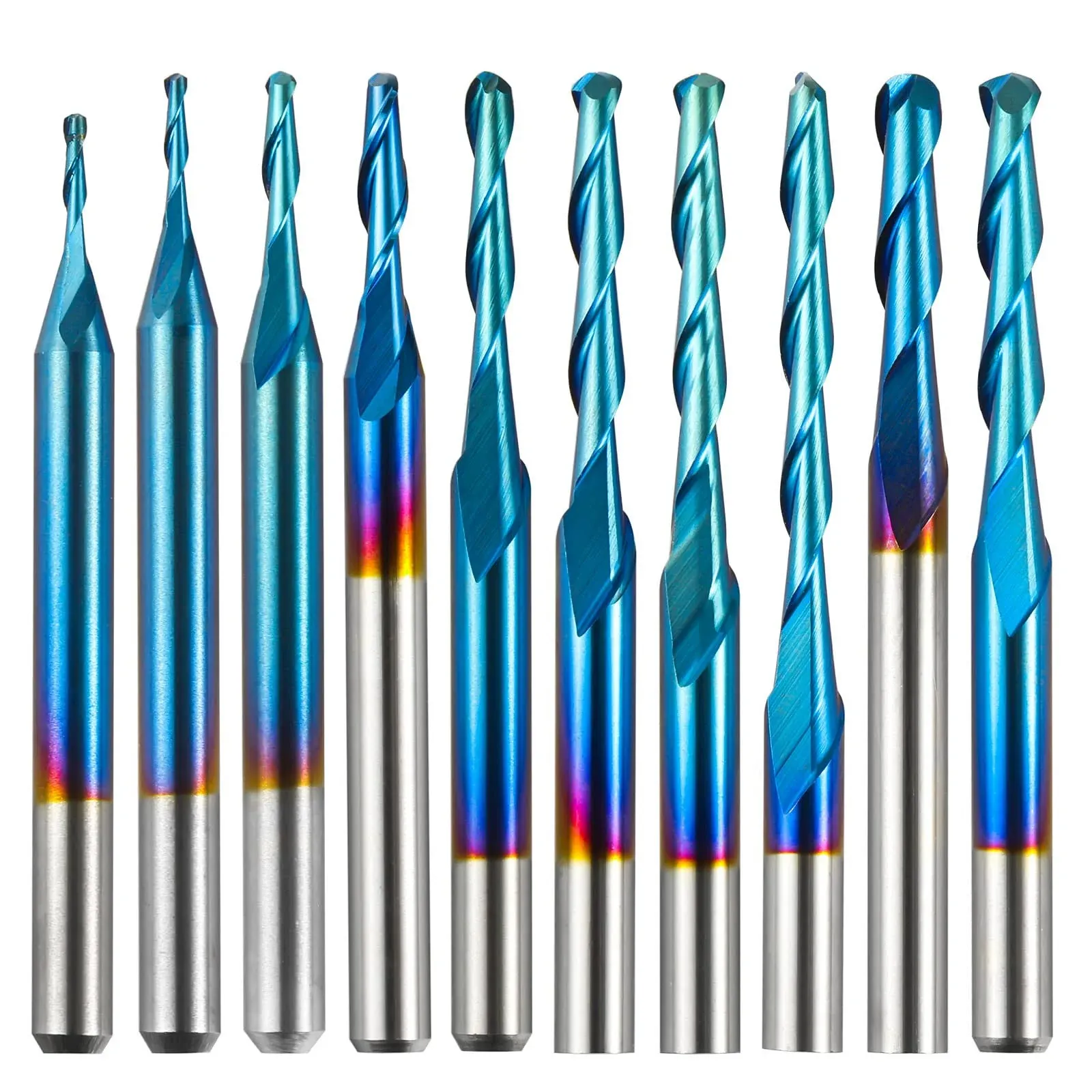 BN10A, 1/8&#39;&#39; Shank, 2-Flute, Ball Nose, Spiral End Mill, 0.8-2.5mm Cutting Diameter, 10 Pcs