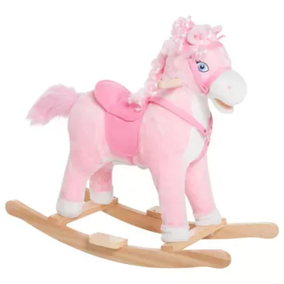 Qaba Kids Ride On Rocking Horse Toddler Plush Toy With Realistic Sounds And Swinging Tail For 3 Years Old Children, Pink