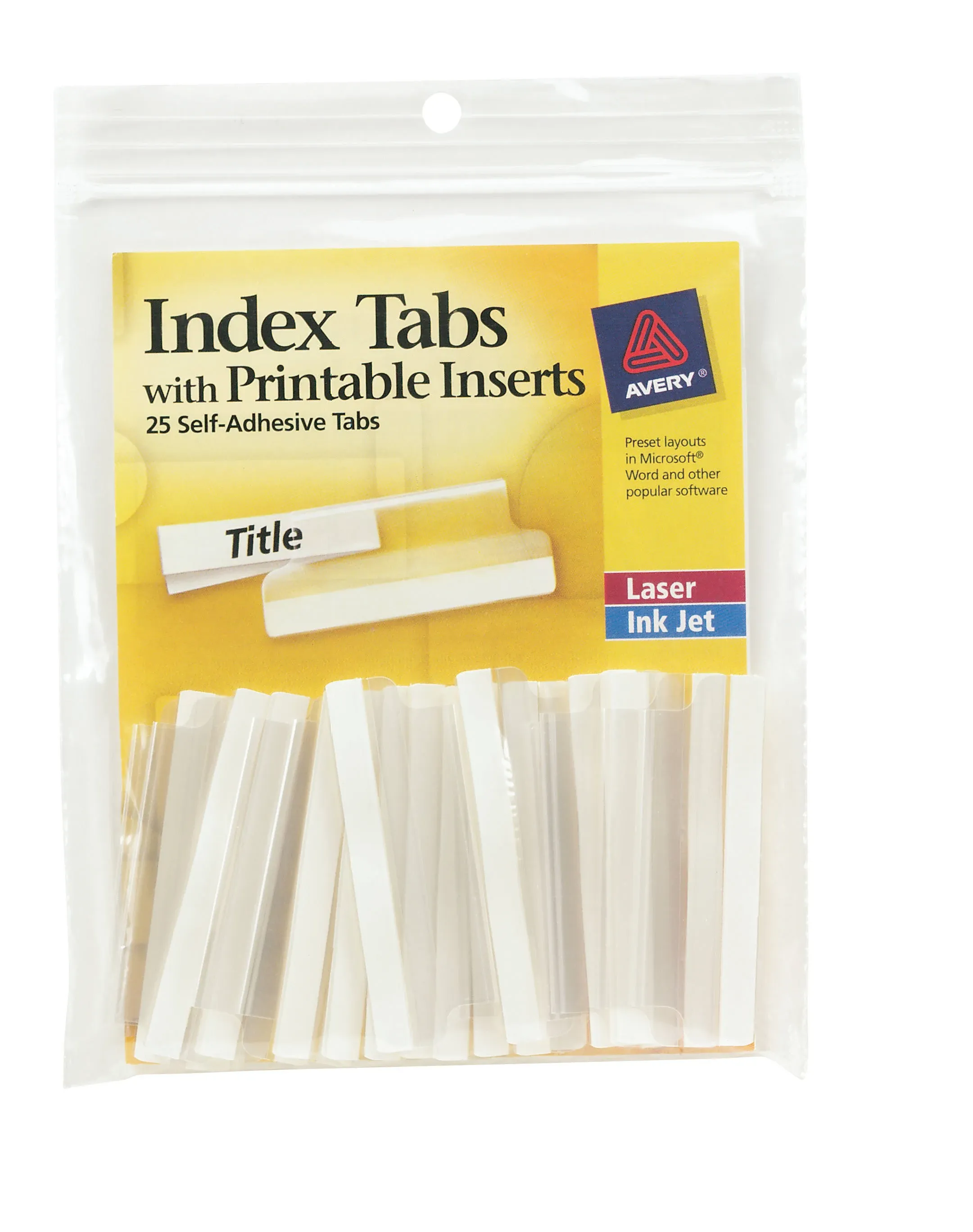 Avery Insertable Self-Adhesive Tabs with Printable Inserts, 2", Permanent Adhesive, Clear, Pack of 25 Index Tabs (16241)