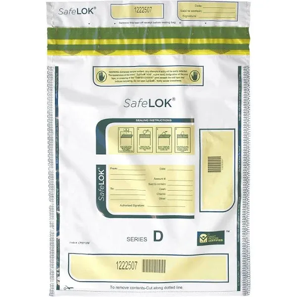 ControlTek SafeLok 9" x 12", Clear with Pocket, 100 Bags,Tamper-Evident Deposit Bags, Outside Reclosable Pocket, Tear-off Receipt + Large Barcodes 585088