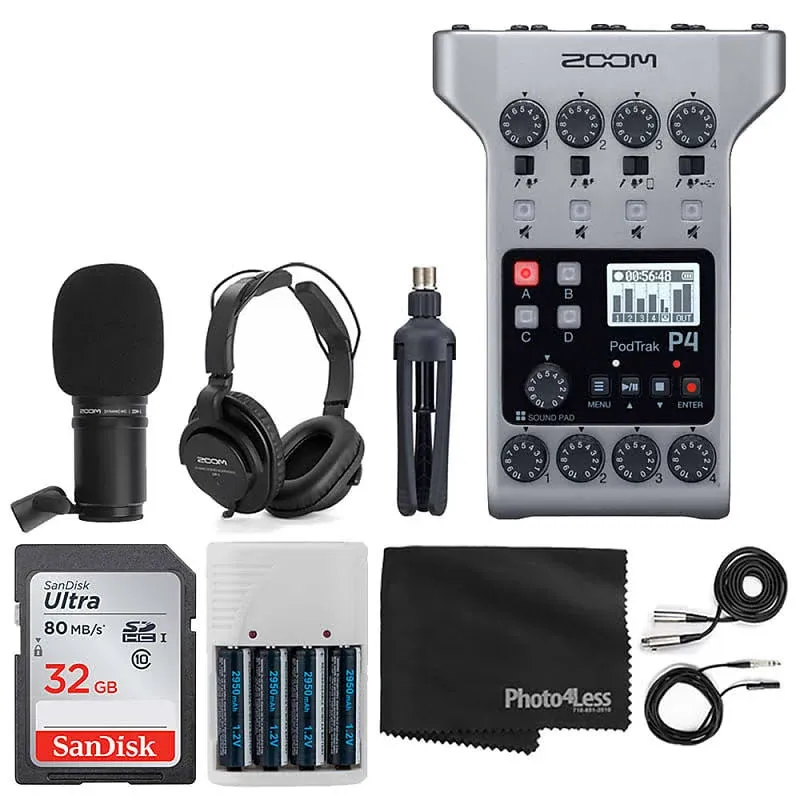 Zoom PodTrak P4 Portable Multitrack Podcast Recorder Bundle with 4X Zoom ZDM-1 Podcast Pack