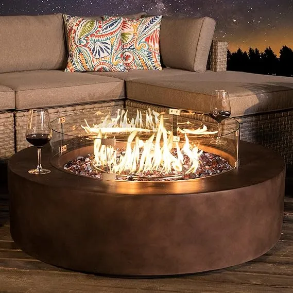 COSIEST Outdoor Propane Fire Pit Coffee Table w Dark Bronze 40.5-inch Round Base Patio Heater, 50,000 BTU Stainless Steel Burner, Wind Guard, Fire Glass, Rain Cover (Amber Yellow fire Glass)