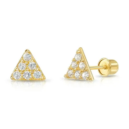 Tilo Jewelry 14k Yellow Gold Small Triangle Shape CZ Stud Earrings With Secure Screw-Backs for Women and Girls