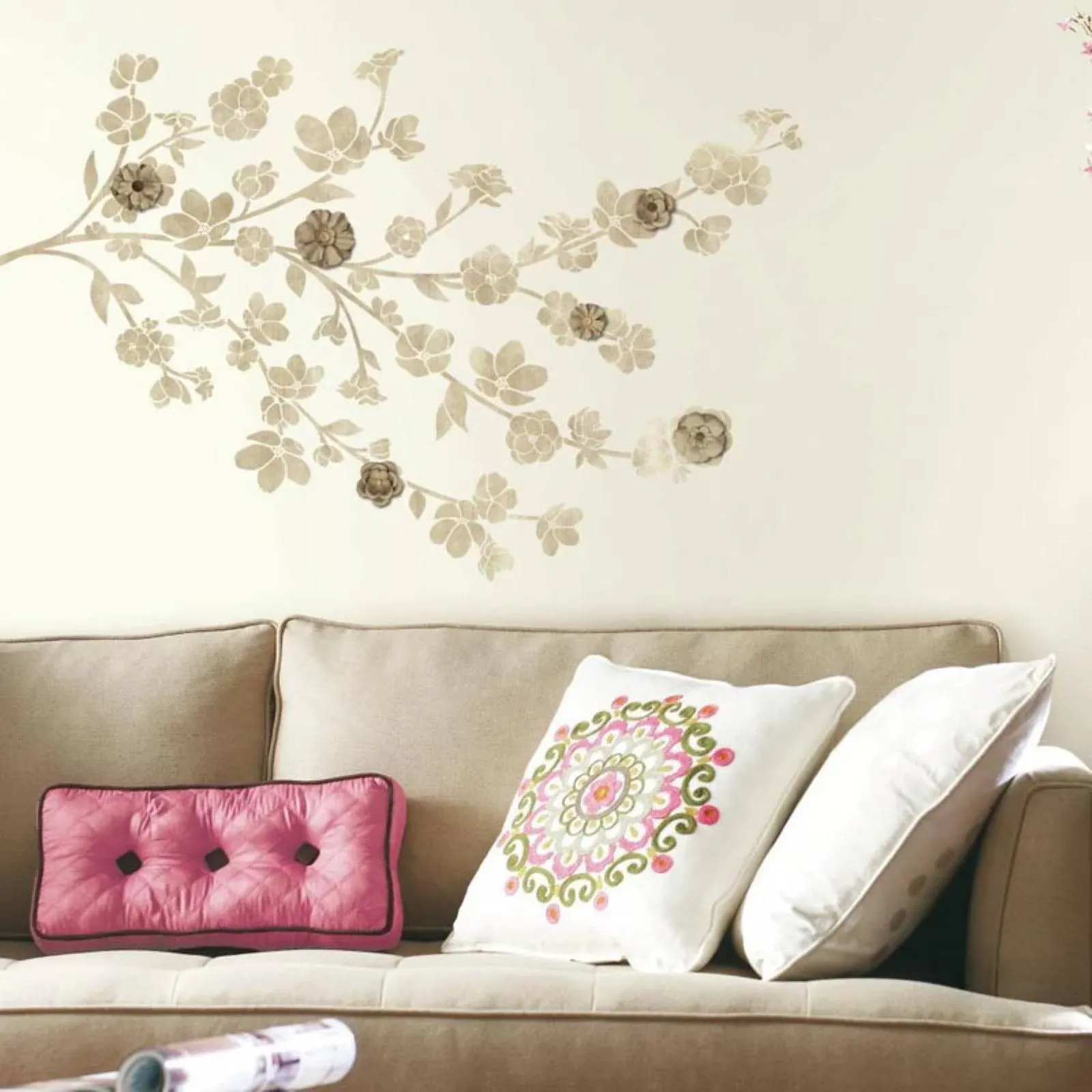 RoomMates RMK3201GM White Blossom Branch Peel and Stick Giant Wall Decals with Flower Embellishments