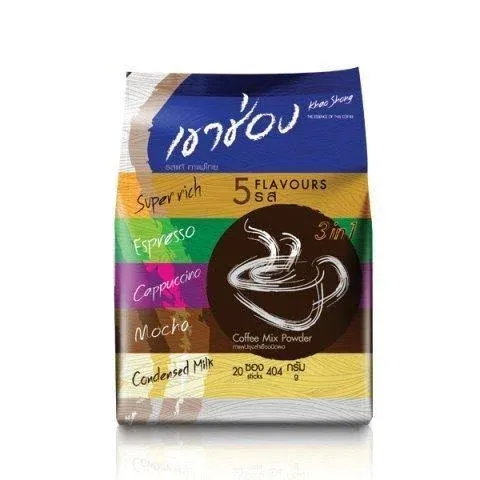 Khao Shong Thai Instant Coffee Mix Powder 3 in 1 Mix Variety 5 Flavored in One Package , Super Rich / Espresso / Cappuccino / Condensed Milk / Mocha [ 20 Sachets ]