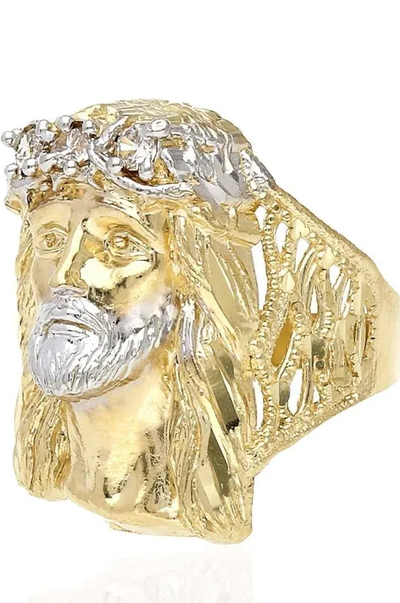 10K Solid Yellow Gold Jesus Head Created Diamond Ring