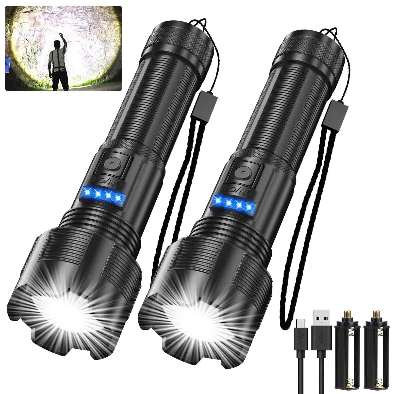 DanByte Flashlights Rechargeable Tactical, Super Bright LED Flashlight with Power ...