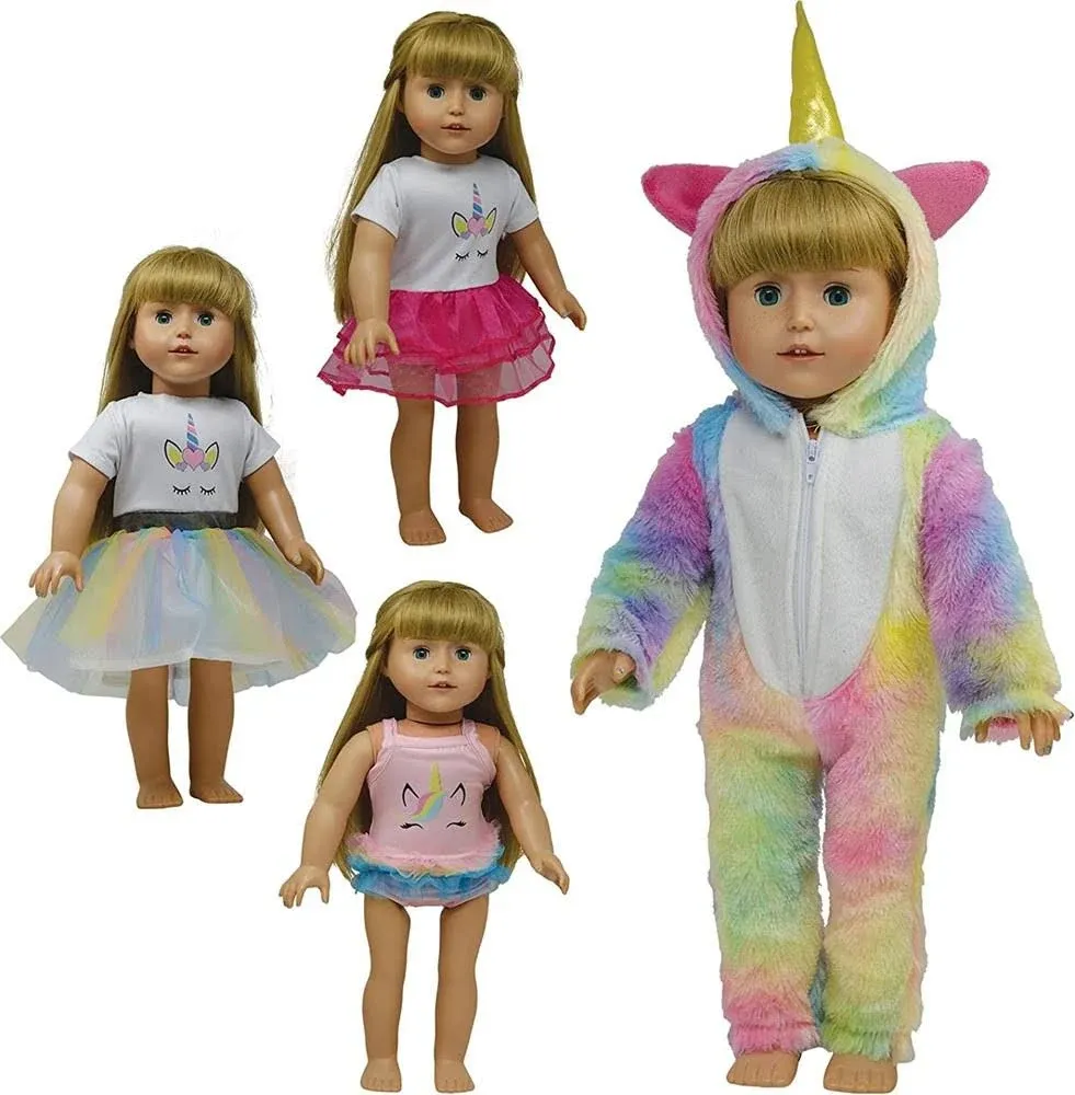 Doll Unicorn Clothes Dresses and Pajamas Onesie Outfit Set - Fits 18 inch and ...