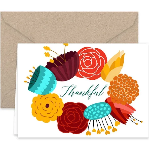 Paper Frenzy Thankful Floral Wreath Thank You Note Cards and Envelopes 25 Pack