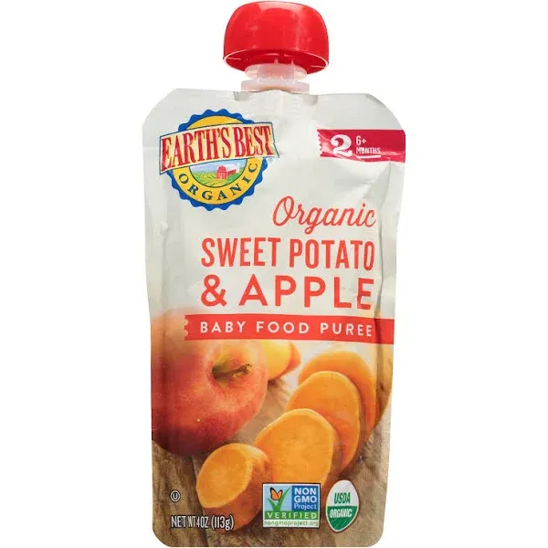 Earth's Best Organic Stage 2 Baby Food, Sweet Potato & Apple, 4 oz Pouches (12 Pack)