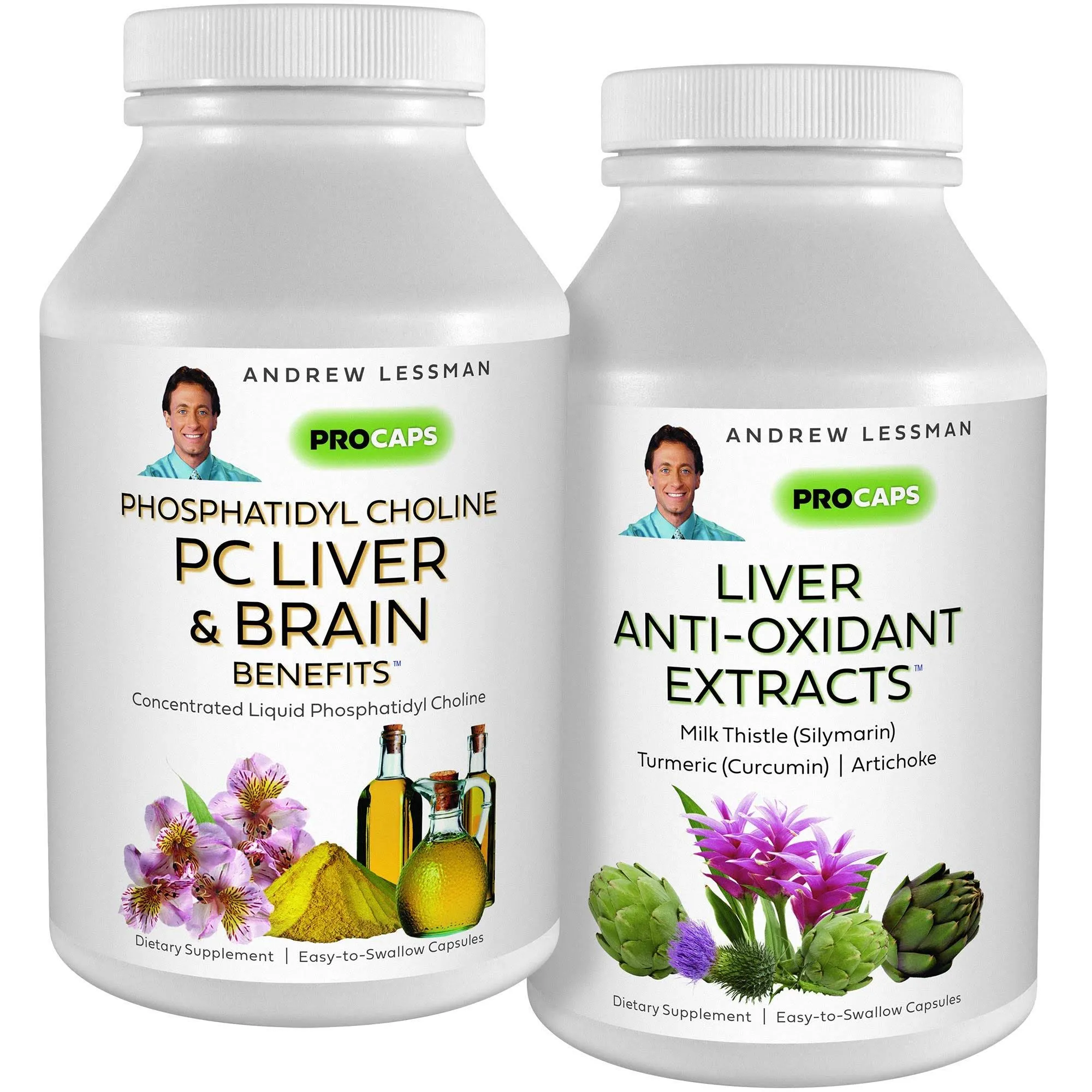 Andrew Lessman PC Liver & Brain benefits + Liver Anti-Oxidant Extracts Kit: 90 Capsules(60sg+30cp) Phosphatidyl Choline, Milk Thistle, Artichoke, Cur