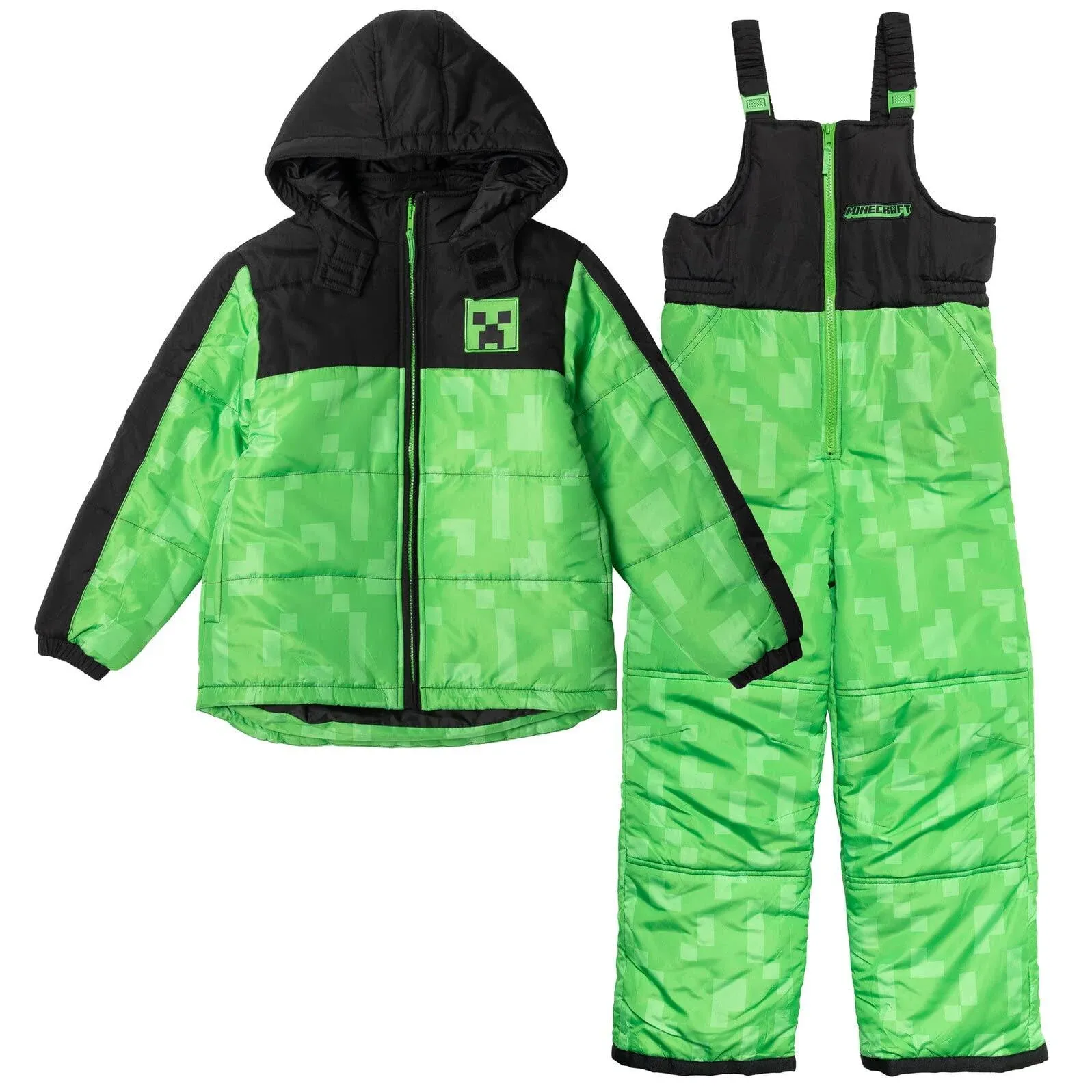 Minecraft Creeper Big Boys Zip Up Puffer Jacket and Snow Bib Ski Pants Green 18-20