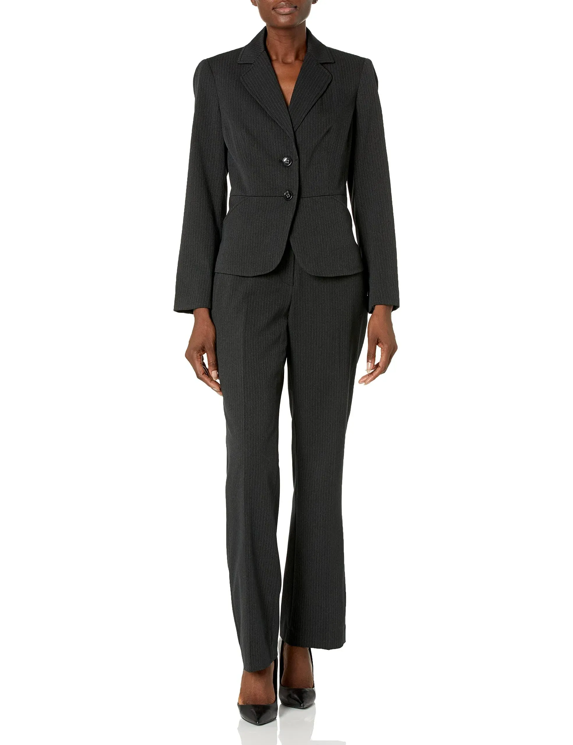 Le Suit Women's Two-Button Pinstriped Pantsuit, Regular & Petite - Black - Size 4