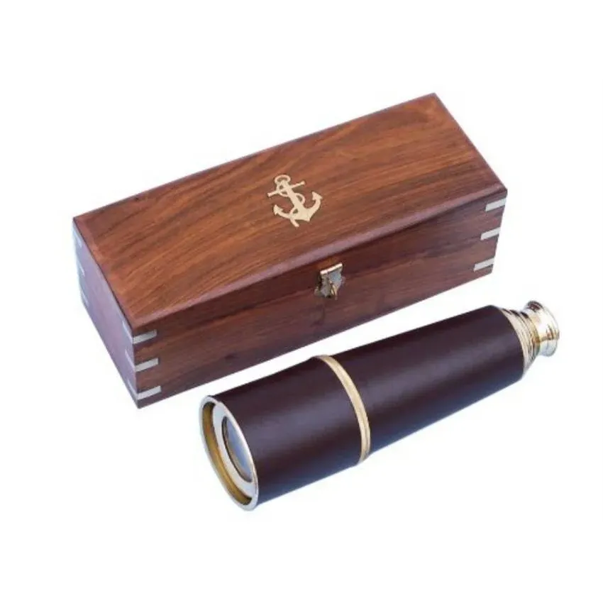 Admiral's Leather Spyglass Telescope With Rosewood Box, Brass, 32" - Beach Style - Telescopes - by Handcrafted Nautical Decor | Houzz