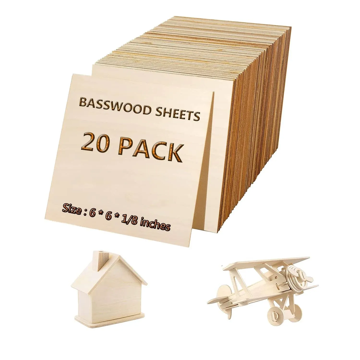 Basswood Sheets ，Unfinished Wood Pieces 20Pcs 6 x 6 x 1/8 Inch，Plywood Board ...