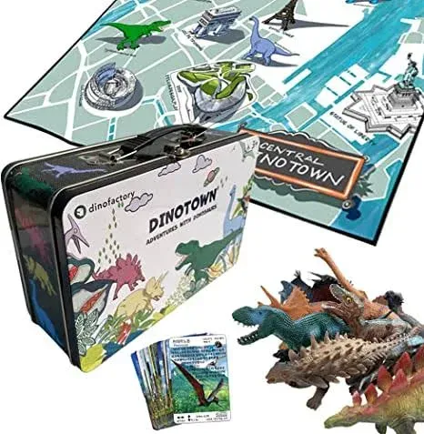 Dinotown Dinosaur Toys with 12 Figures, Tin Storage Box, Playing Mat and 20 Playing Cards - Gift for Boys and Girl