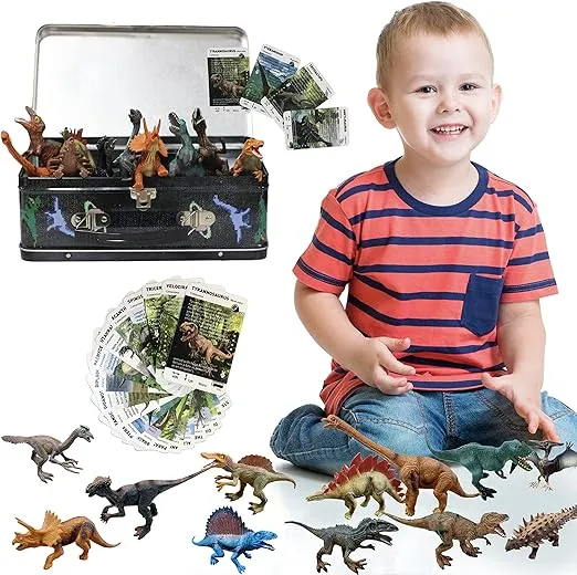 Dinotown Dinosaur Toys with 12 Figures, Tin Storage Box, Playing Mat and 20 Playing Cards - Gift for Boys and Girls