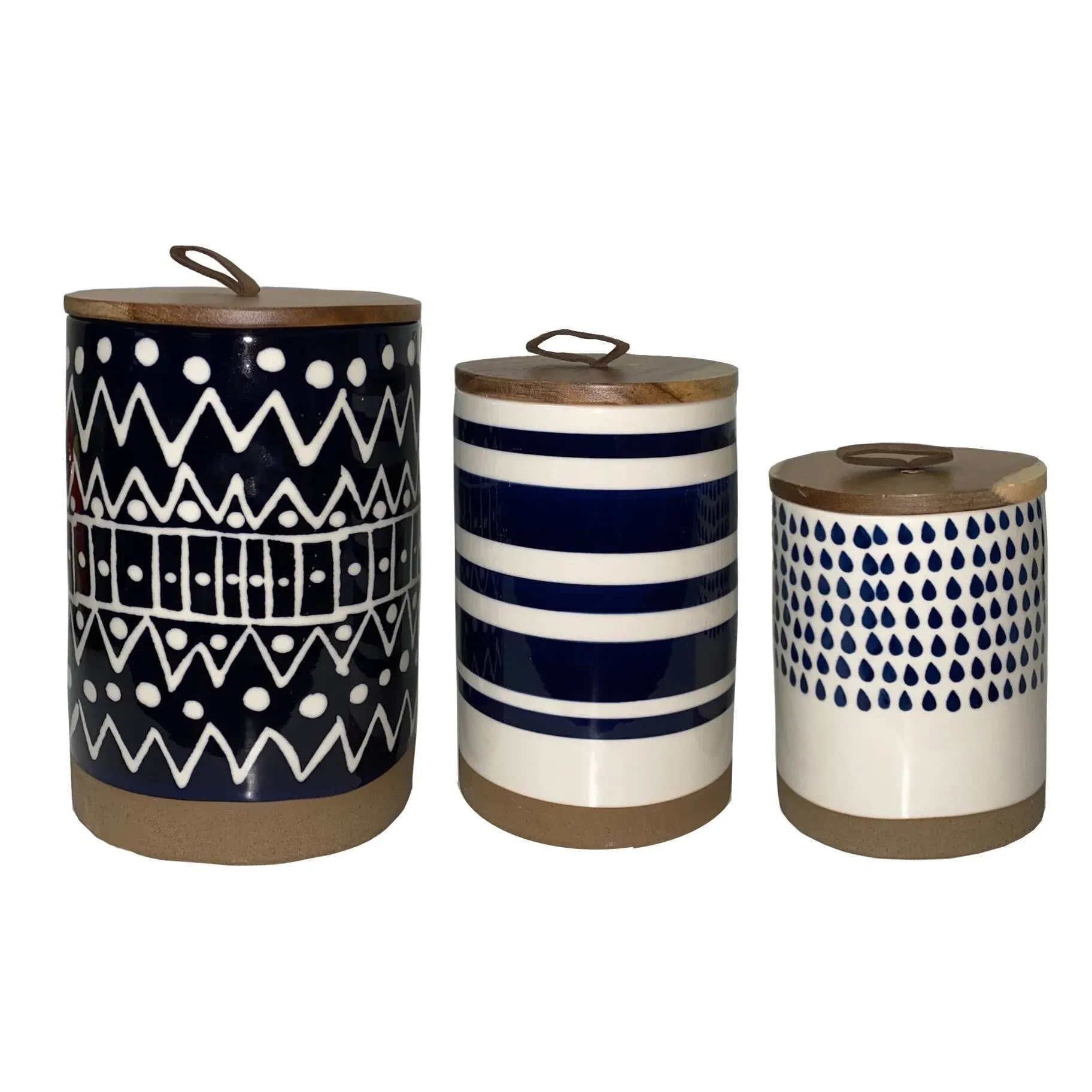 Tabletops Gallery Ceramic Canister Collection- Stoneware Designed Kitchen Storage Acacia Wood White Set, 3 Piece Mayan Tribal Designed Canisters (Blue and White)