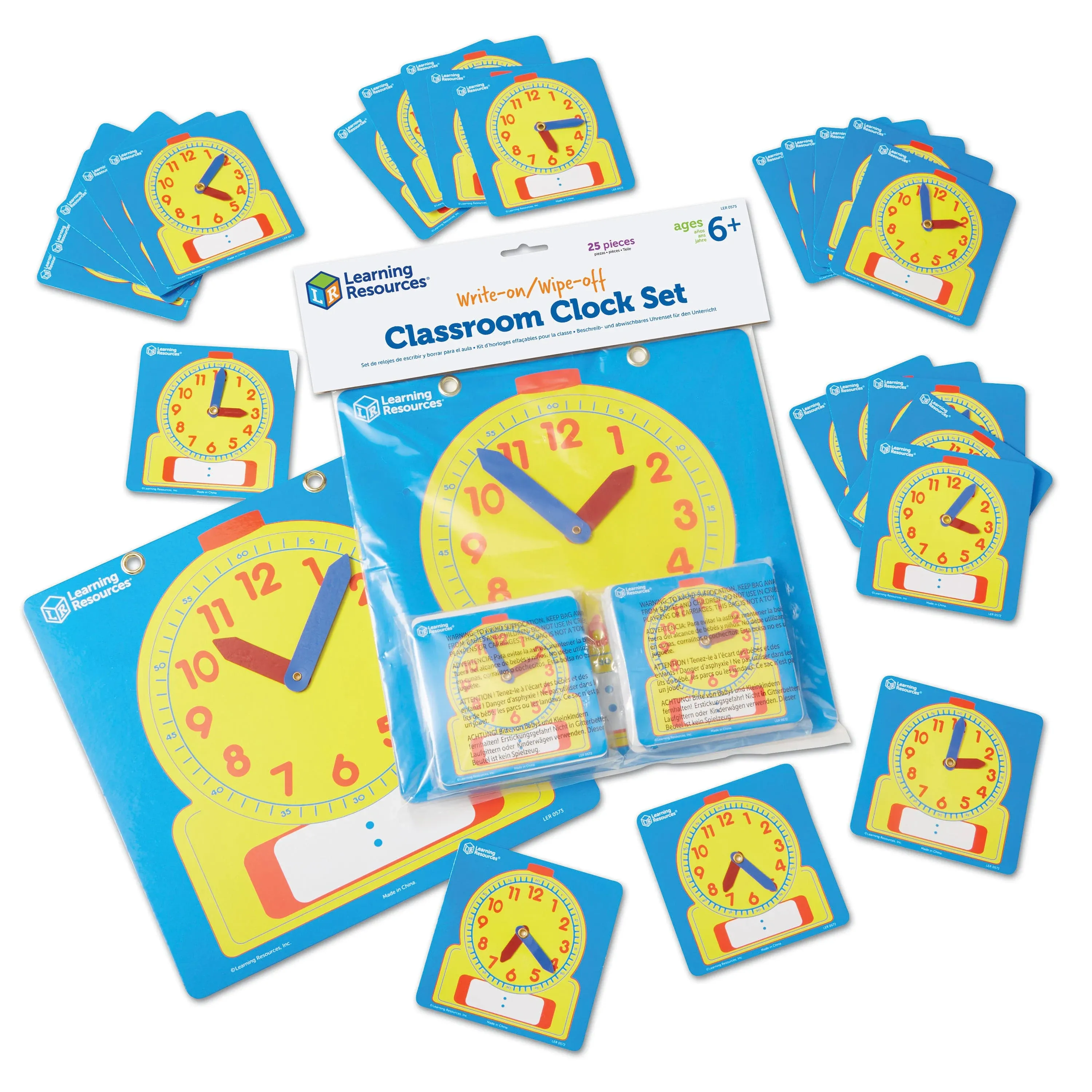 Learning Resources Write & Wipe Clocks Classroom Set - 25 Pieces, Ages 6+ Laminated Dry-Erase, Teaching Aids, Teacher Supplies, Learning Time,Back to School Supplies