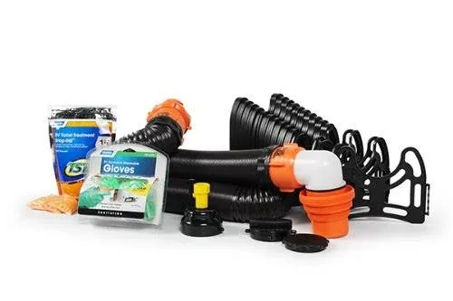 Camco RV Sanitation Kit for Your Holding Tank System - Includes RhinoFLEX Sewer Hose with Fittings, Leak Proof Seals, Storage Caps, Sanitation Gloves 44732