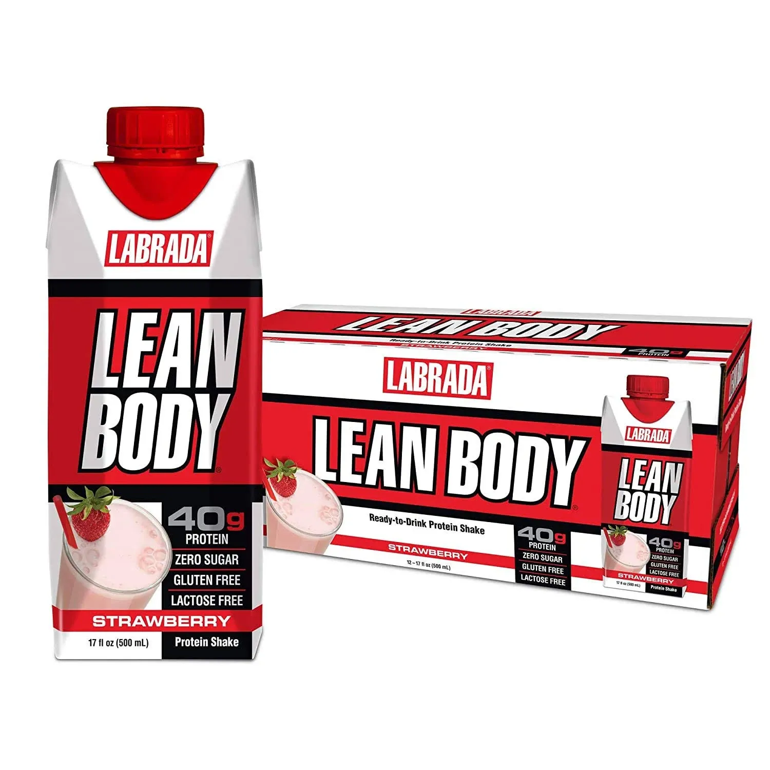 Labrada Lean Body Ready-to-Drink Strawberry Protein Shake, 40g Protein, Whey Blend, 0 Sugar, Gluten Free, 22 Vitamins & Minerals, 17 Ounce (Recyclable Carton & Lid - Pack of 12) LABRADA