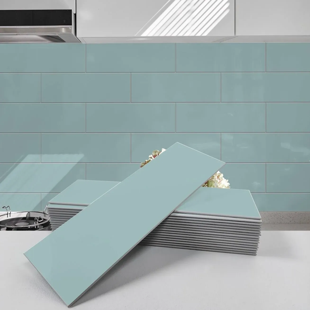 Avant Decor | 24 Tiles | Stone Composite Subway Solid Color Tiles | Peel and Stick Kitchen Backsplash Tiles | Wall Tiles | 4” x 12” | Bex Metro Glossy Rain | 8 sqft