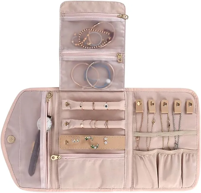 KUAK Travel Jewelry Organizer Roll Foldable Jewelry Roll Bag Small Jewelry Storage Bag for Journey-Rings, Necklaces, Bracelets, Earrings, Soft Pink