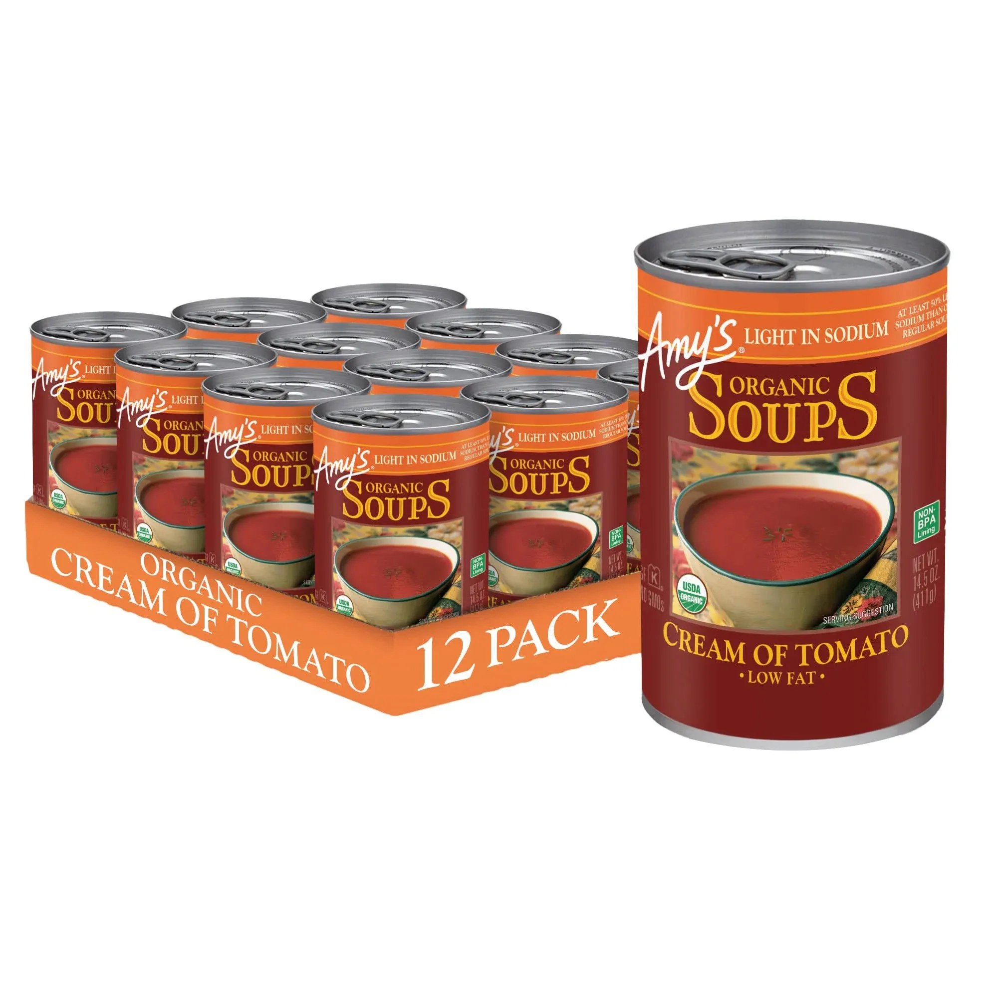 Amy’s Soup, Cream of Tomato Soup, Gluten Free, Light in Sodium and Low Fat, Made With Sun-Ripened Tomatoes, Canned Soup, 14.5 Oz (12 Pack)