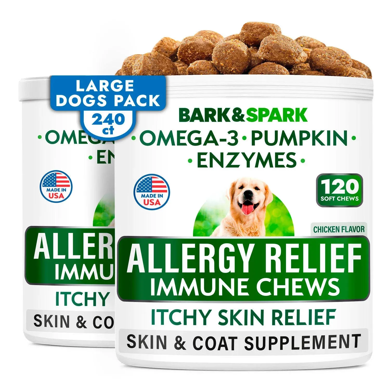 Dog Allergy Relief Chews - Anti-Itch Skin &amp; Coat Supplement - Omega 3 Fish Oil -