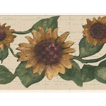 Dundee Deco s Peel and Stick Wallpaper Border - Floral Yellow Green Sunflowers Wall Border Retro Design 15 ft x 7 in Self Adhesive