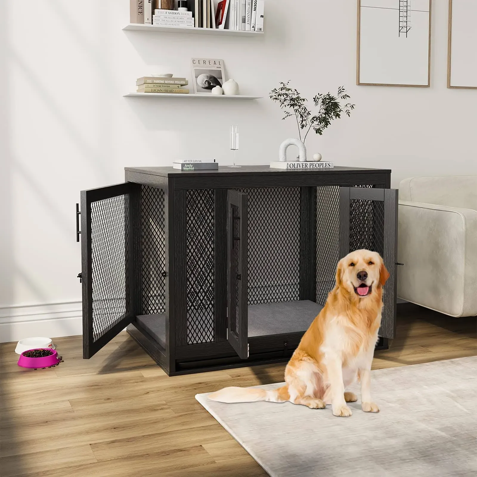 Mingyall Medium to Large Sized Dog Crate with Cushion and Tray Furniture Style ...