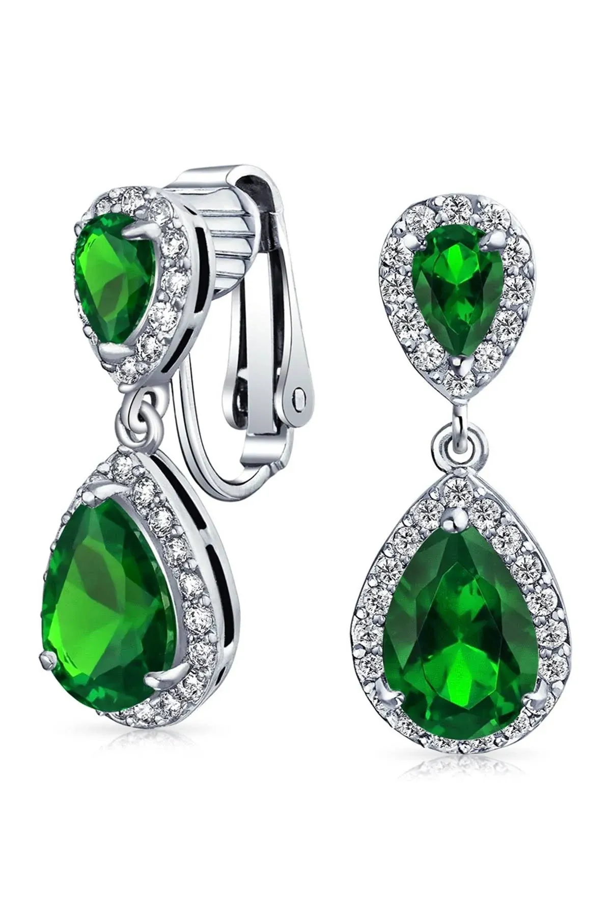 Teardrop Green CZ Halo Drop Chandelier Clip On Earrings Silver Plated