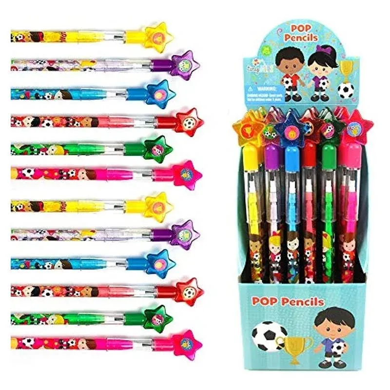 TINYMILLS 24 Pcs Football Stackable Push Pencil Assortment with Eraser for Party Favors Goodie Bag Stuffers VBS Classroom Rewards Pinata Fillers Carnival Prize Sports Football Team Party