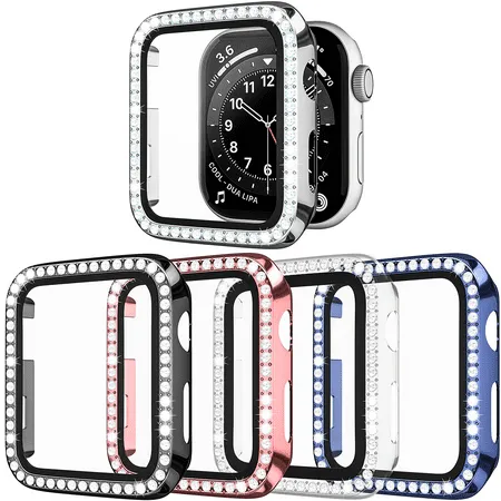 Secbolt 44mm Clear Bling Case with Screen Protector and Silver Dressy Bangle for Apple Watch 44mm iWatch S Series 6/5/4