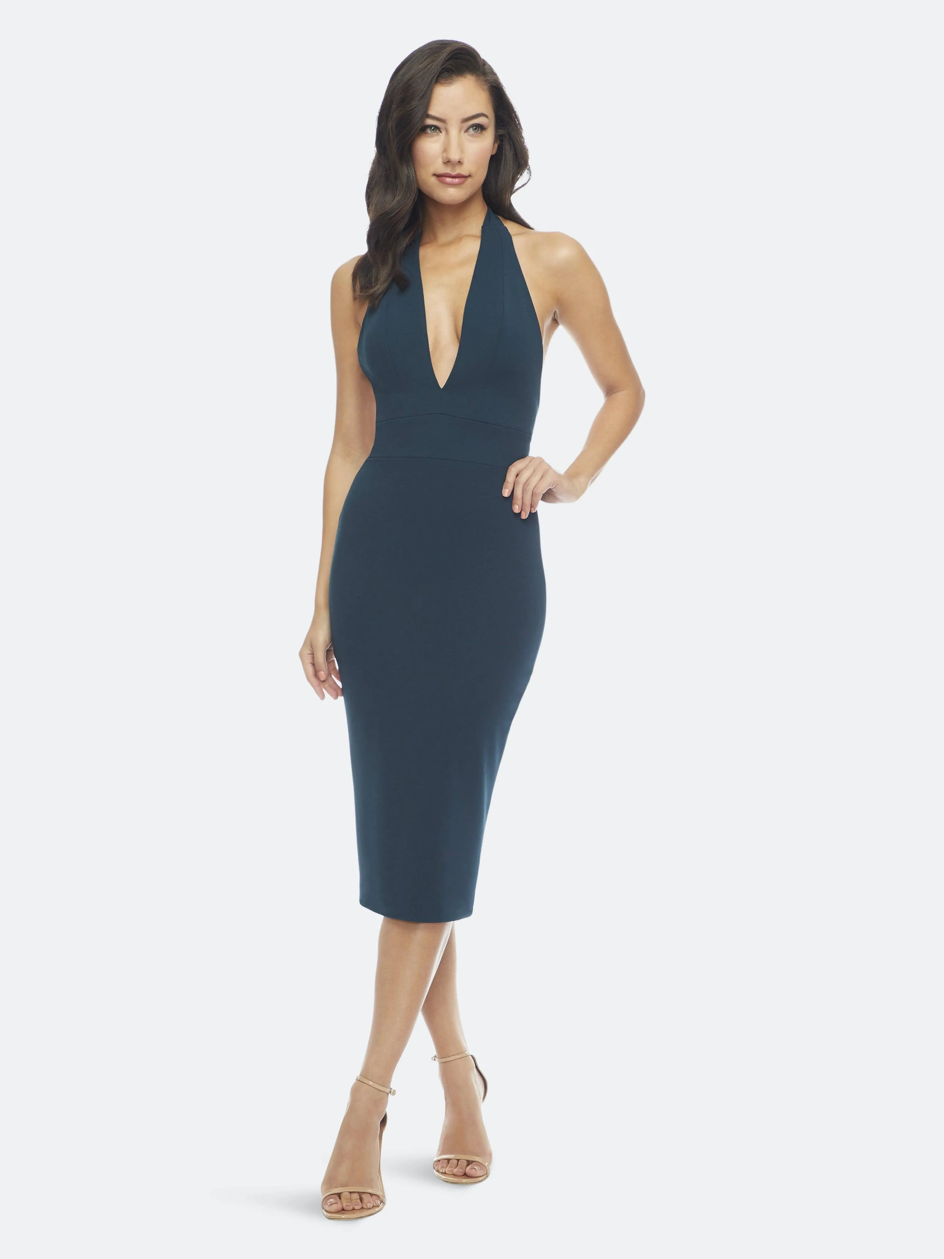 Dress The Population Vanessa Back-Slit Halter Midi Dress M / Pine