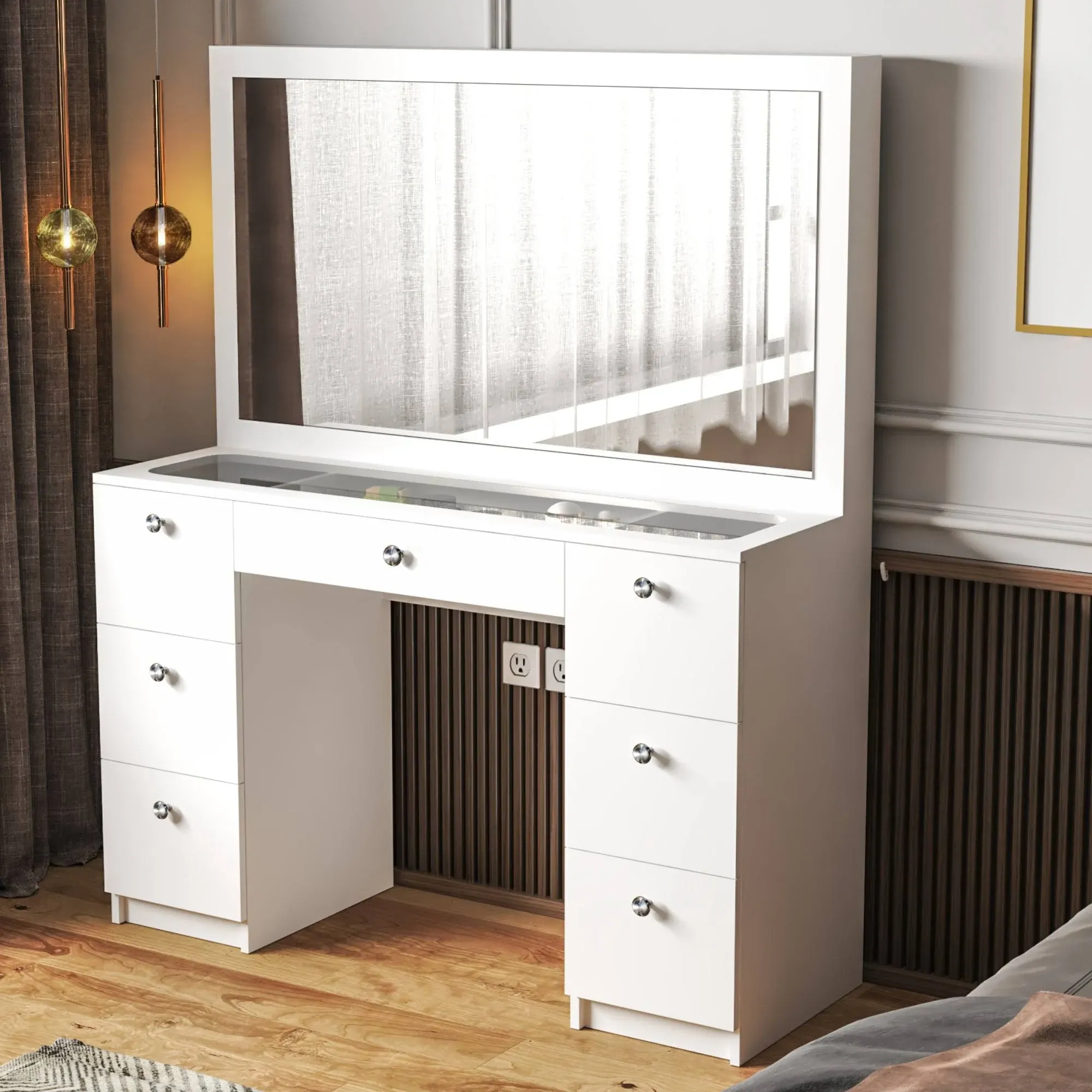 Modern White Vanity Mirror Desk Makeup Station 7 Drawer Glass Top