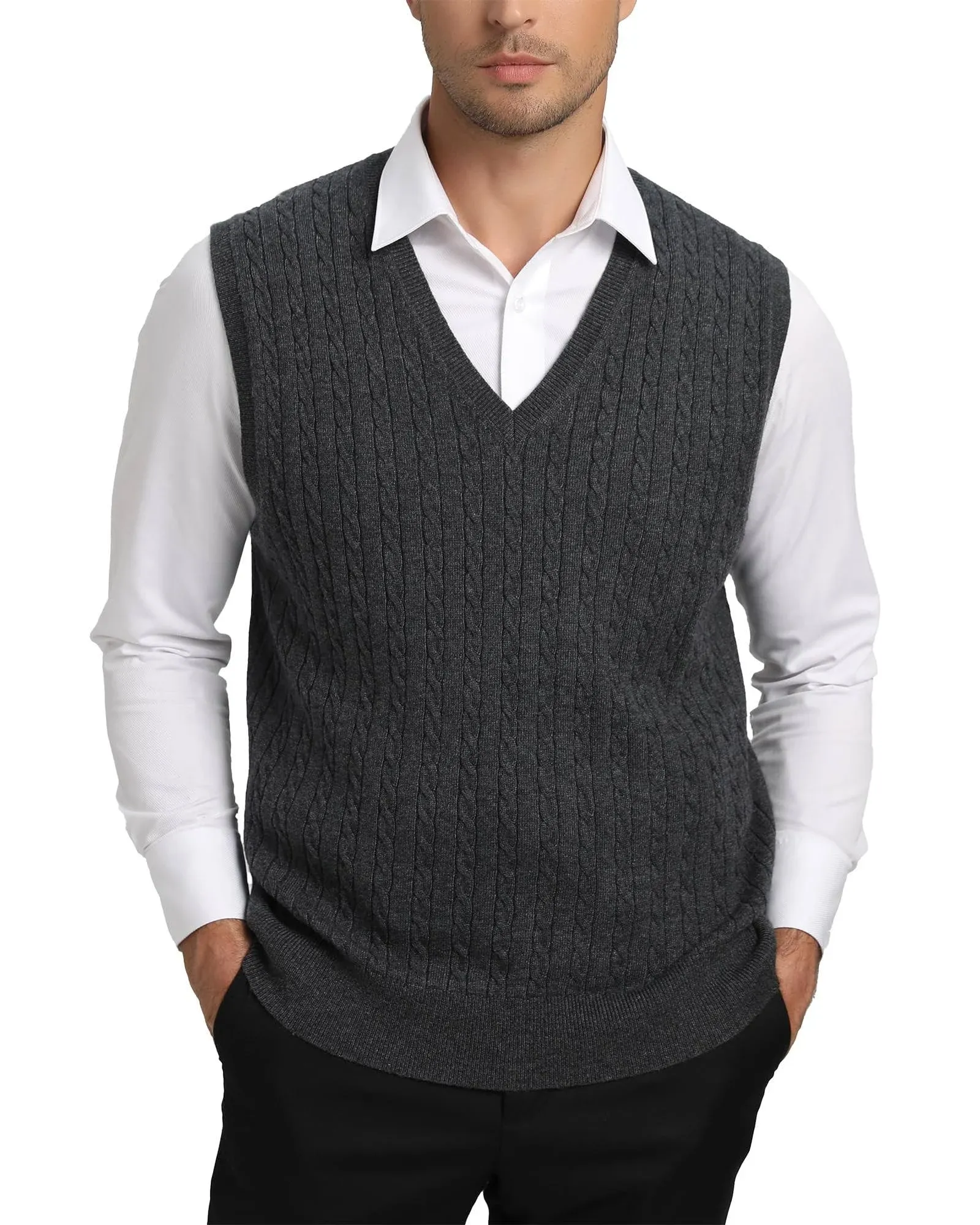 Kallspin Men’s Wool Blended Cable Knit Vest Sweater V Neck Relaxed Fit Sleeveless ...