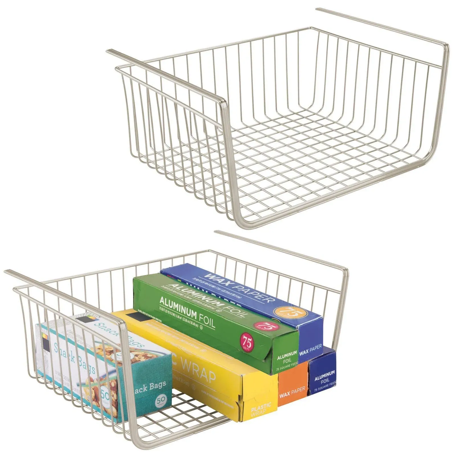 mDesign Large Metal Under Pantry Shelf Hanging Storage Basket, 2 Pack - Satin