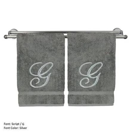 Monogrammed Hand Towel Personalized Gift 16 x 30 Inches - Set of 2 - Silver Embroidered Towel - Extra Absorbent 100% Turkish Cotton- Soft Terry Finish - for Bathroom Kitchen and Spa- Script G Gray