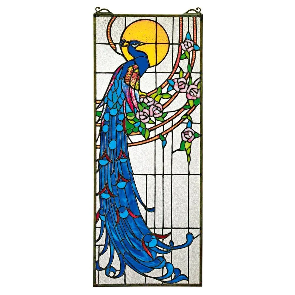 Design Toscano Peacocks Sunset Stained Glass Panel