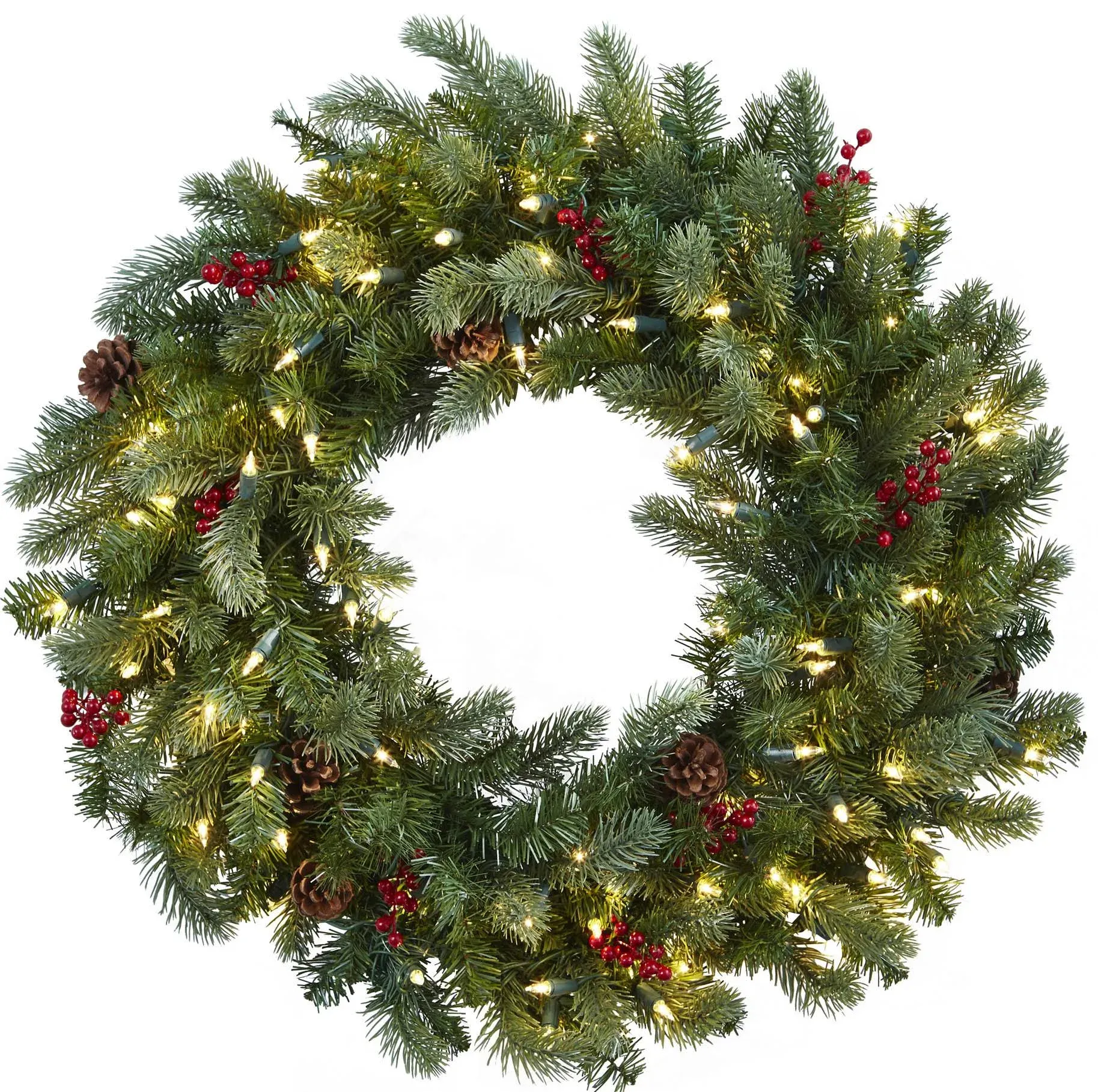 Artificial 30&#034; Holiday Pine Wreath with 7 Cones, 210 Tips &amp; 100 Clear LED Lights