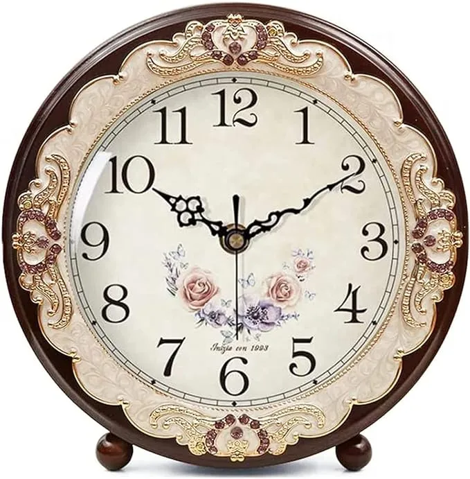 Justup Vintage Table Clock, Retro Non-Ticking European Style Beside Desk Clock Battery Operated Silent Quartz Movement for Bedroom Living Room Indoor Decor (Brown)