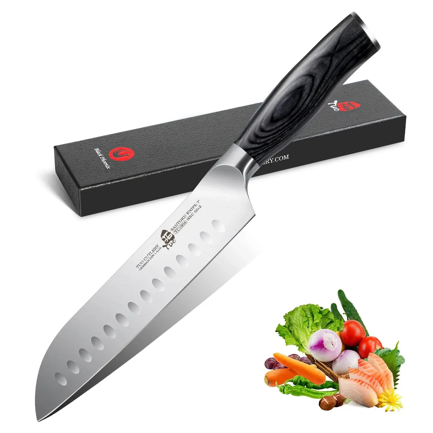 TUO Santoku Knife Japanese Chef Knife 7 inch Asian Knife Ultra Sharp Kitchen Knife,Forged German Stainless High Carbon Steel,Ergonomic Pakkawood Handle Gift Box Cutlery,Fiery Phoenix Series - Black