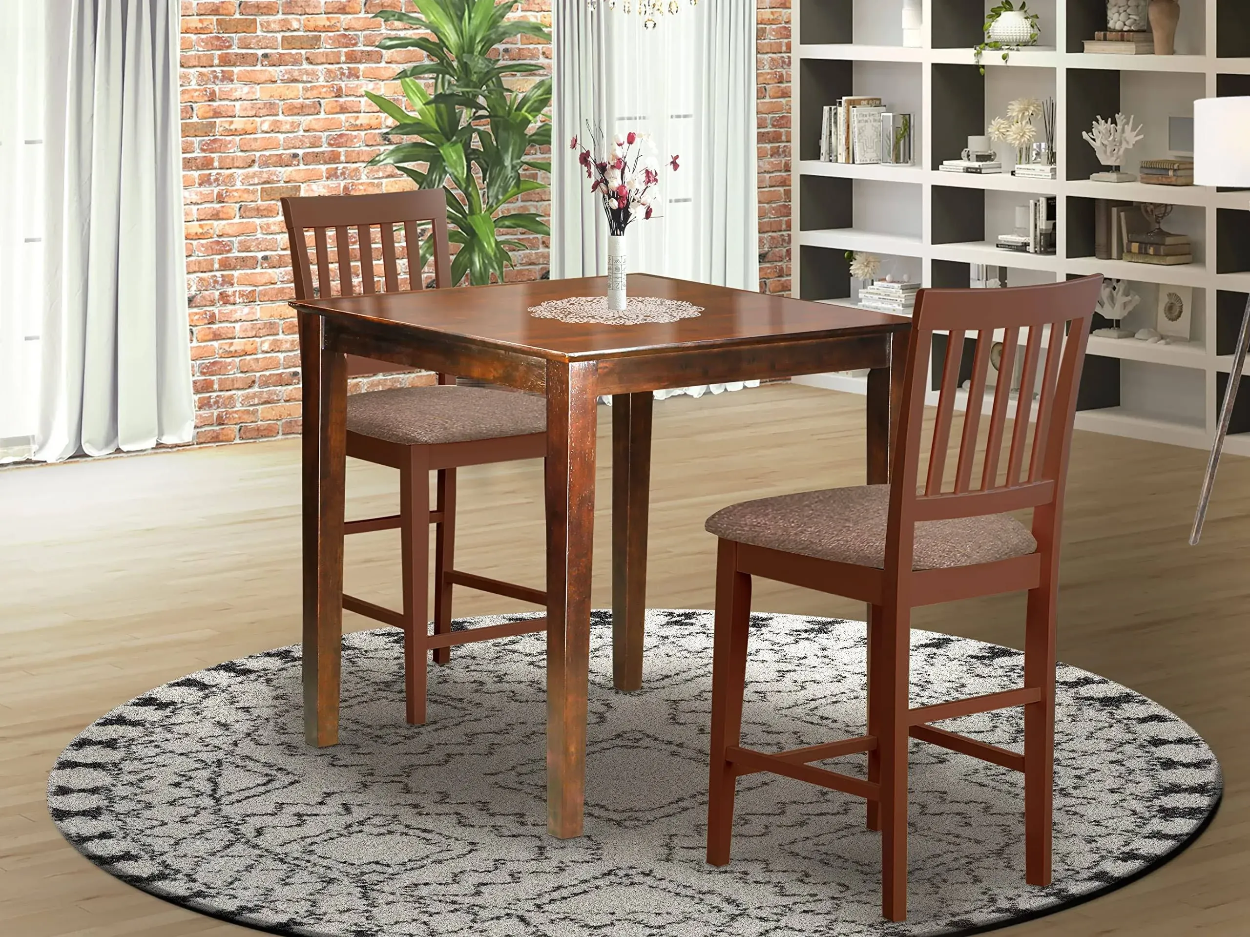 East West Furniture VERN3-MAH-C Vernon 3 Piece Counter Height Pub Set for Small Spaces Contains a Square Dining Room Table and 2 Linen Fabric Upholstered Chairs, 36x36 Inch