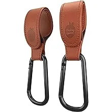 Brown Stroller Hooks by Baby Uma - Premium Leather Style Stroller Clip Straps