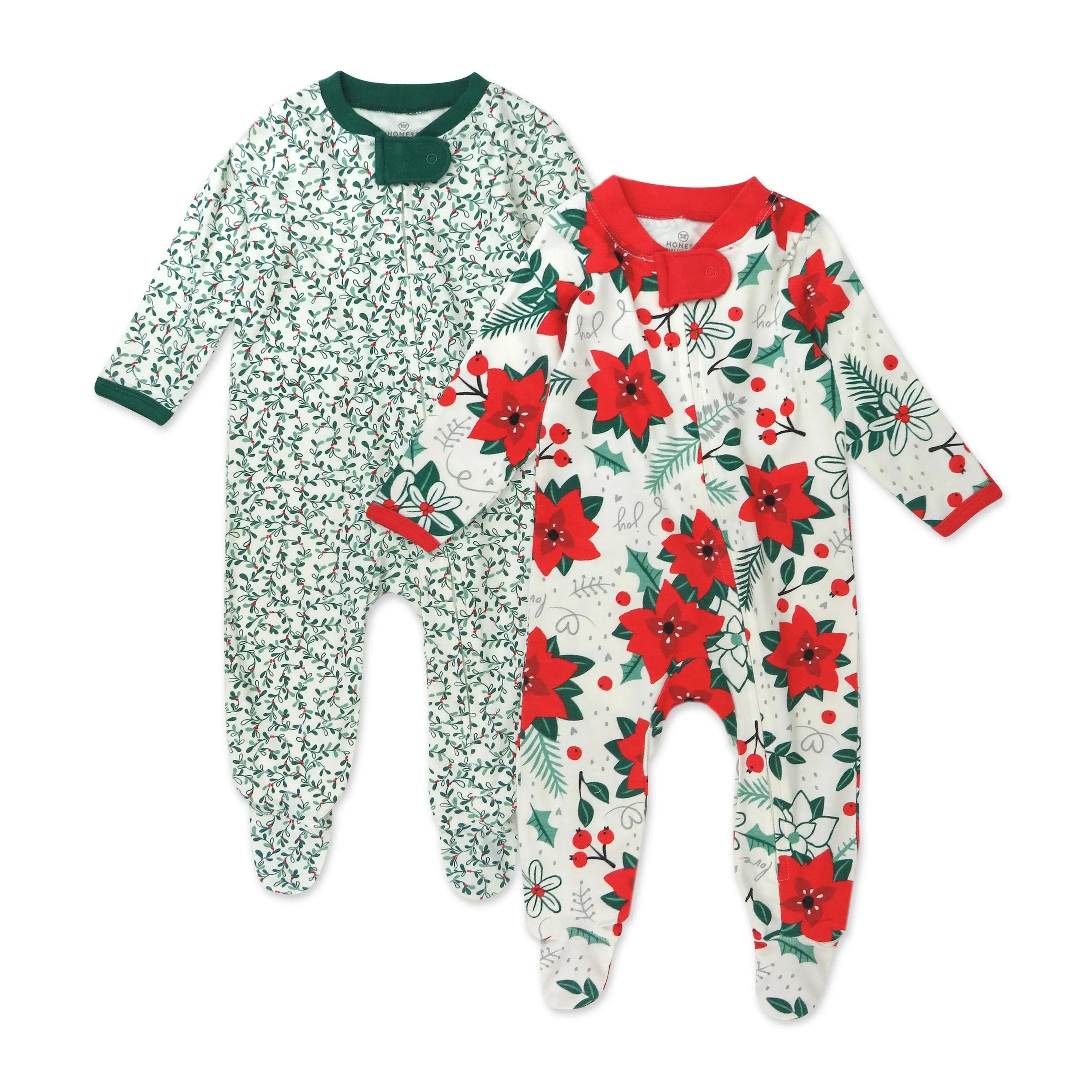 HonestBaby Sleep and Play Footed Holiday Pajamas One-Piece Sleeper Zip-front Organic Cotton PJs Baby Boys, Girls, Unisex