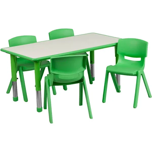 Flash Furniture YU-YCY-060-0034-RECT-TBL-GREEN-GG 23 5/8&quot; x 47 1/4&quot; Green Plastic Rectangular Adjustable Height Activity Table with Four Chairs