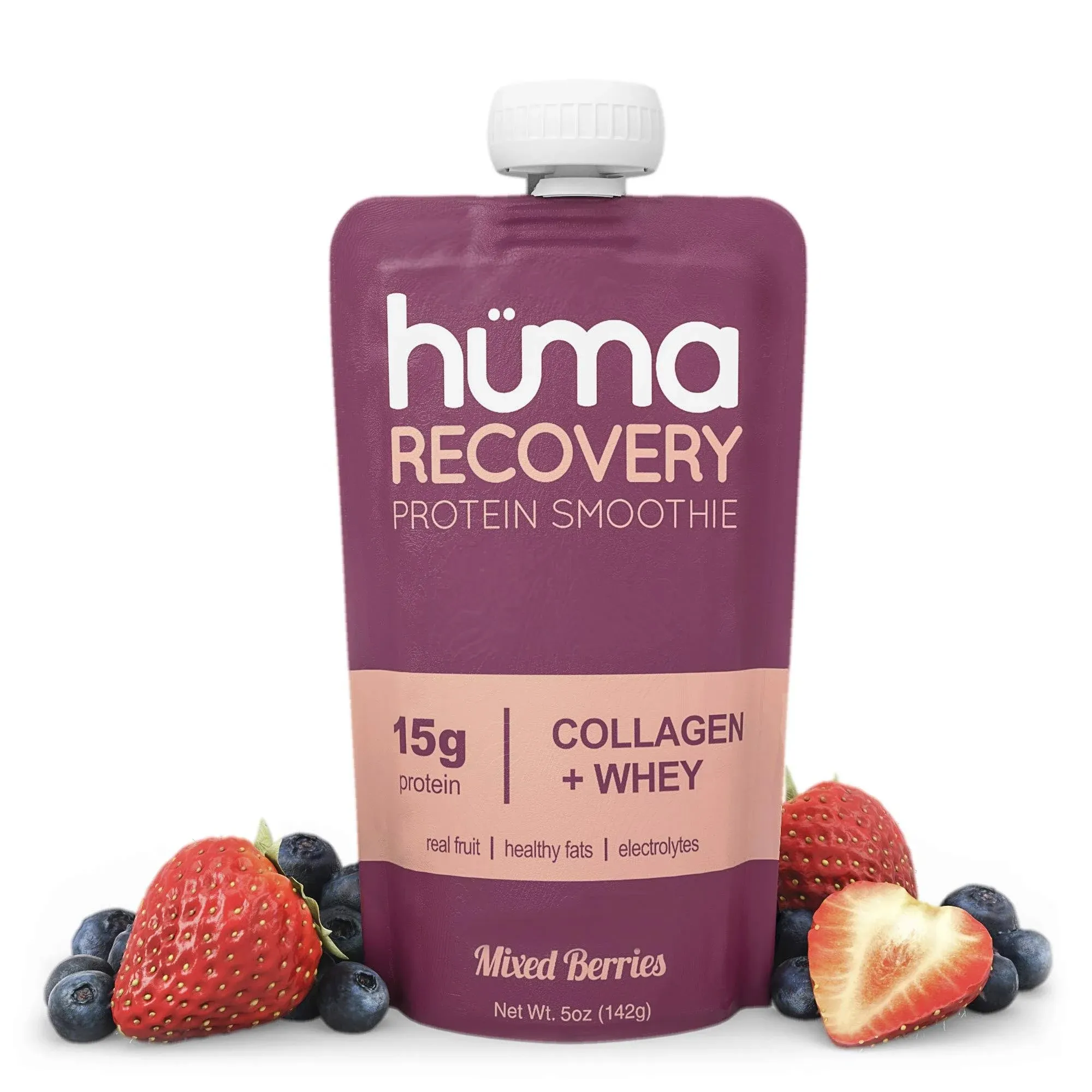 Huma Recovery Protein Smoothie, 12 Pouches – 15g Collagen + Whey Post Workout Recovery Drink – Ready-to-Drink Protein Shake with Real Fruit, Electrolytes, Healthy Fats