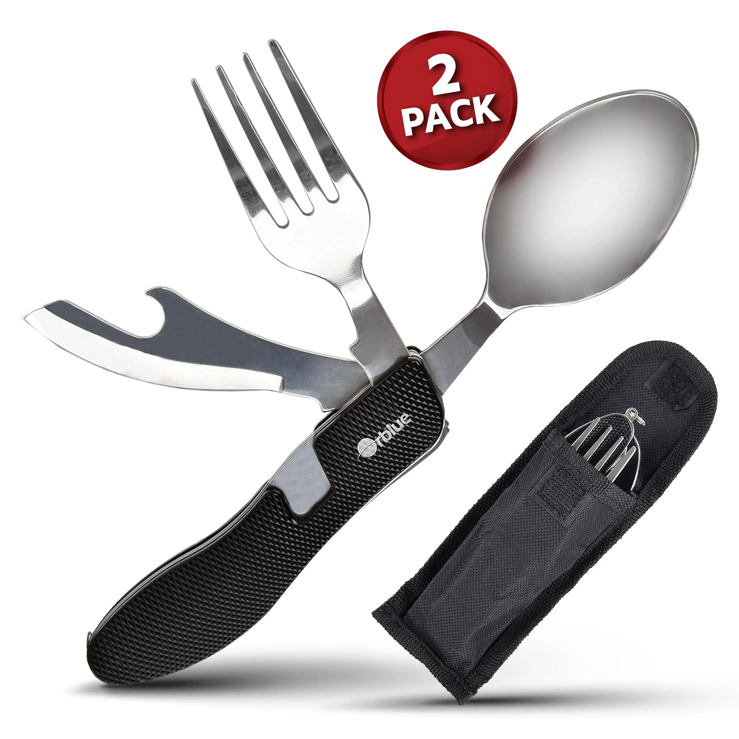 Orblue 4-in-1 Camping Utensils, 2-Pack, Portable Stainless Steel Spoon, Fork, Knife & Bottle Opener Combo Set - Travel, Backpacking Cutlery Multitool, Black